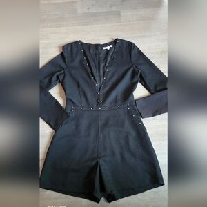 Lucy Paris Black Long-Sleeve Stud-Trim Jumpsuit